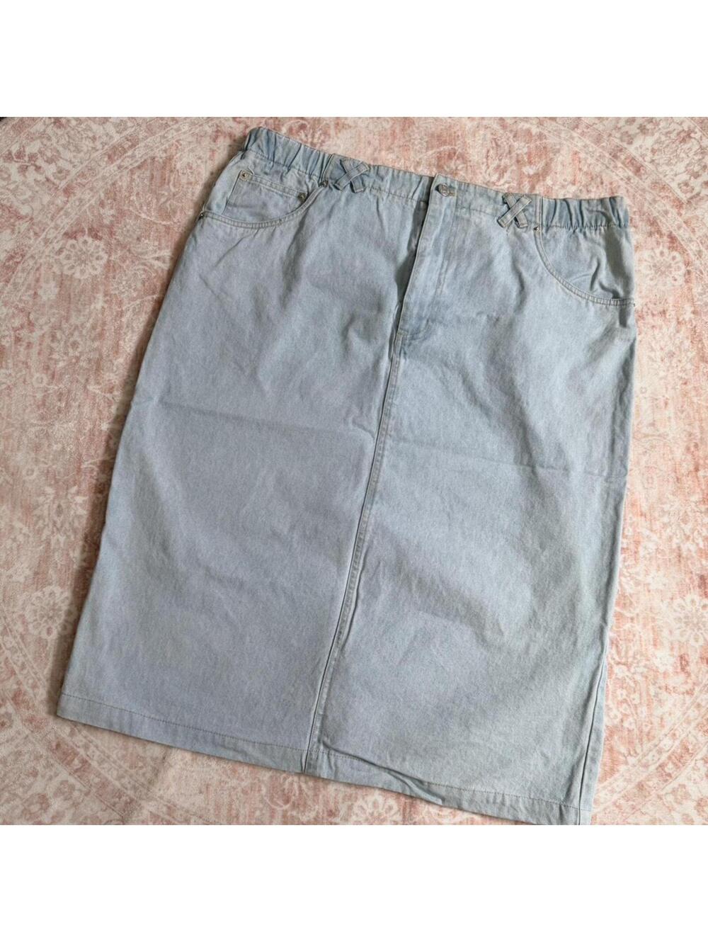 Light Wash Denim Midi Skirt Elastic Waist L/XL